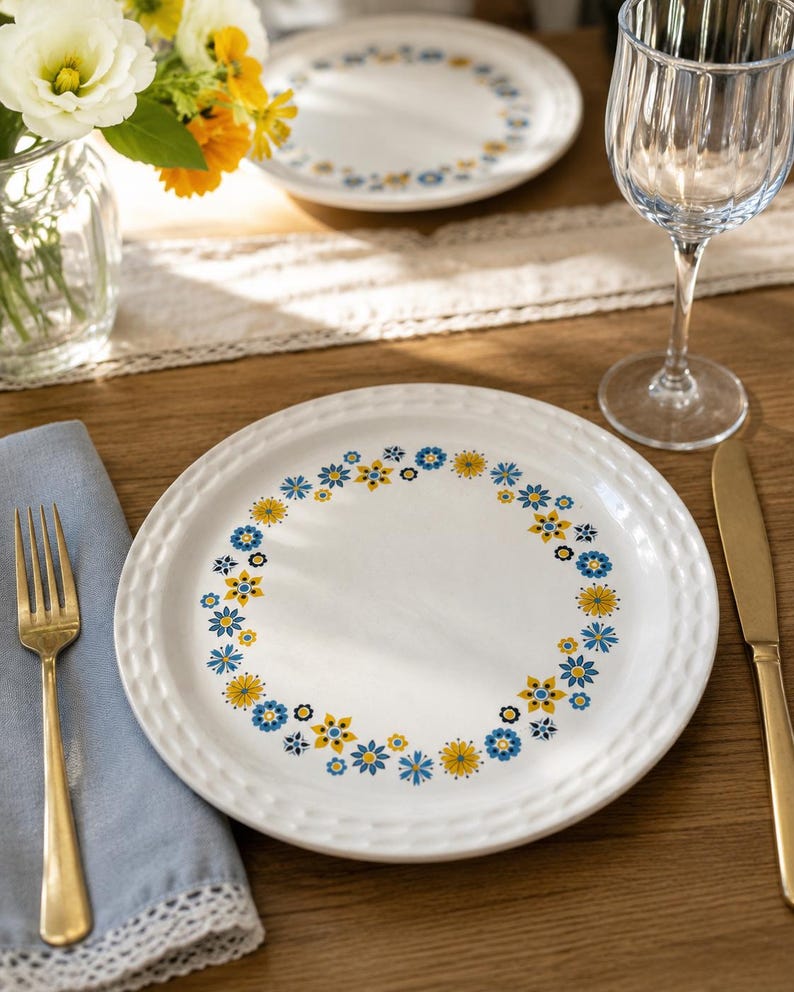 Vintage Myott Blue Halo Yellow Floral Dinner Plate Tharaud Designs Ceramite (Set of Six)