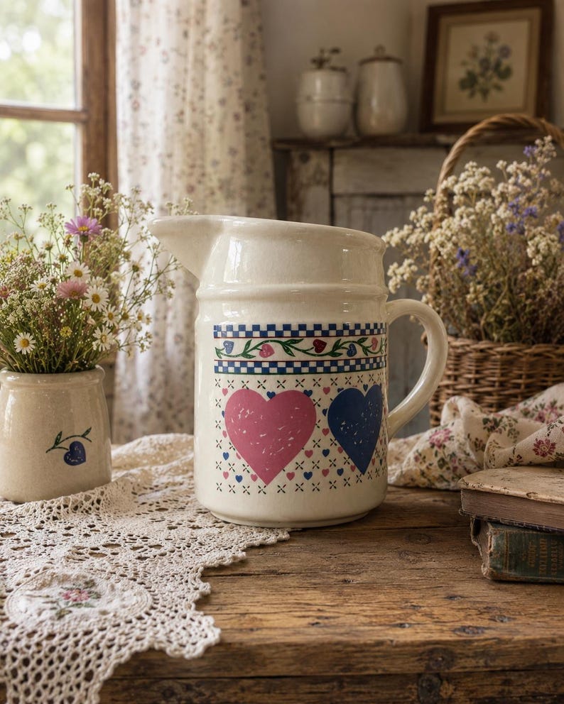 Vintage 1990’s Country Hearts Ceramic Pitcher | Cottage-core