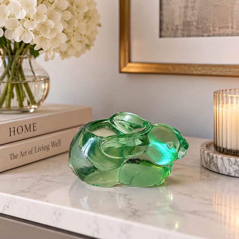 Vintage 1990s Green Glass Rabbit Figurine