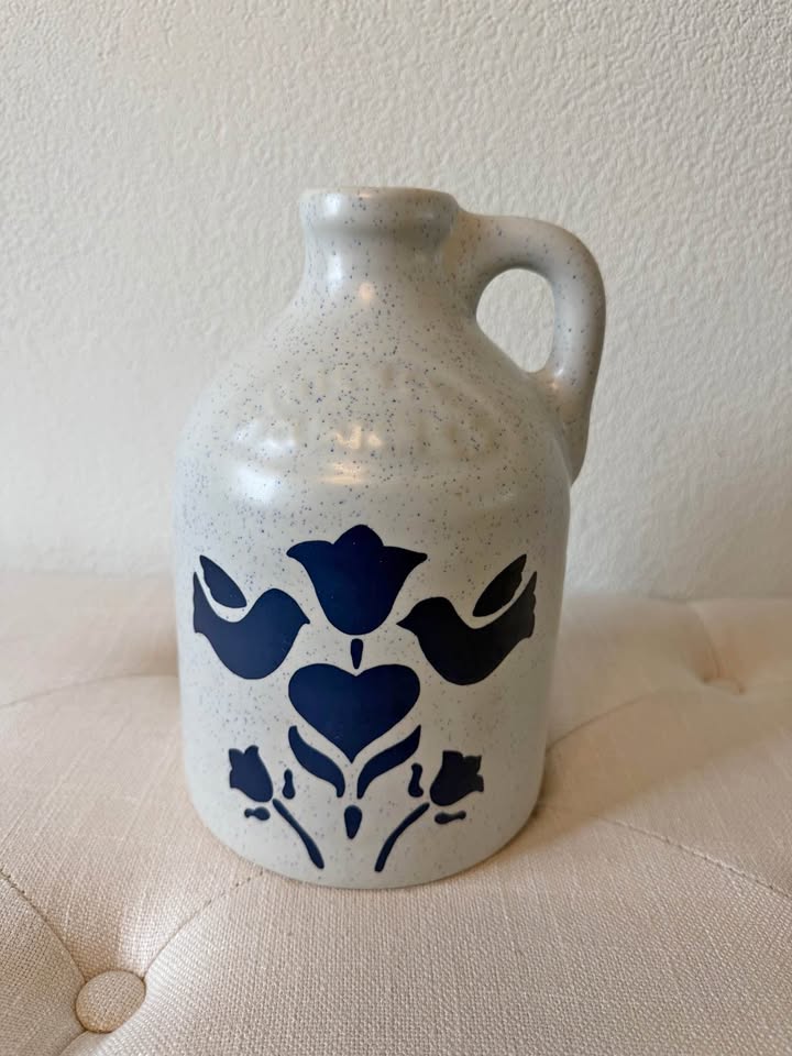 Vintage 1980s Stoneware Bird and Floral Jug