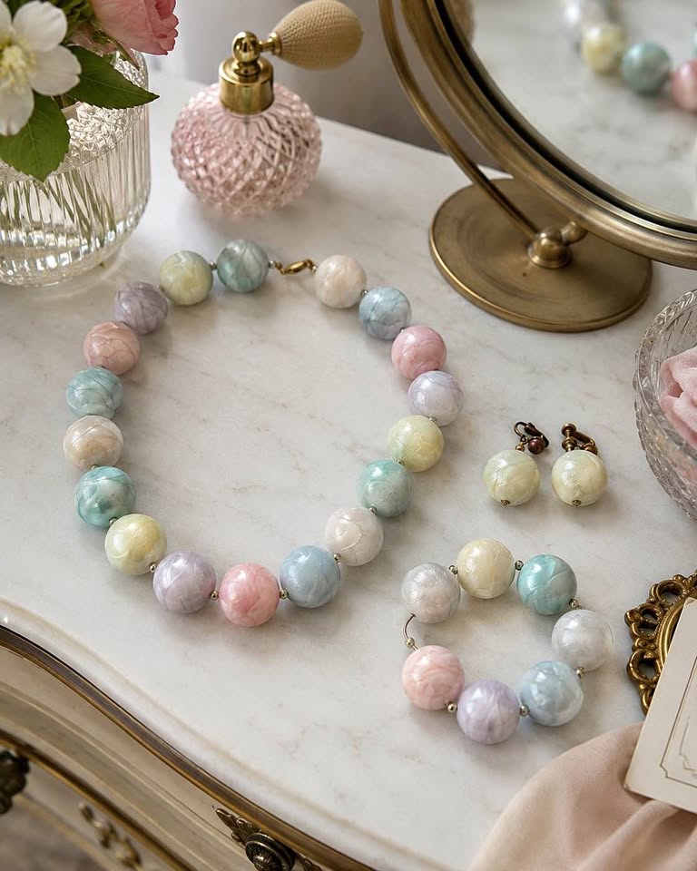 Vintage 1960s Pastel Moonglow Necklace Bracelet Earrings Set