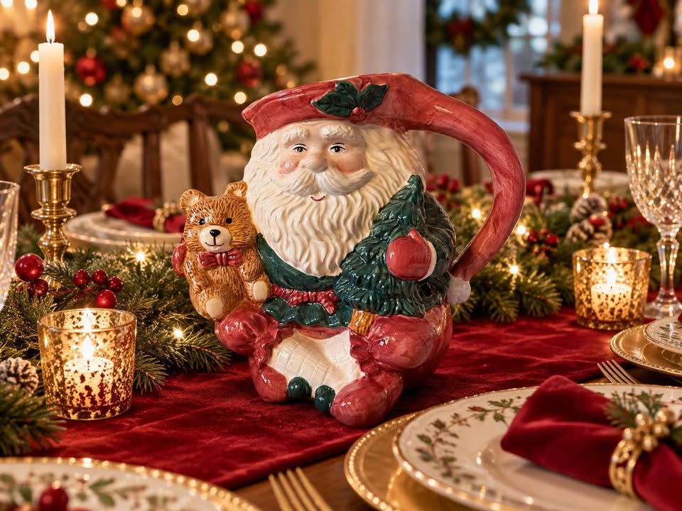Vintage 1990s Ceramic Santa Claus Christmas Pitcher with Teddy Bear