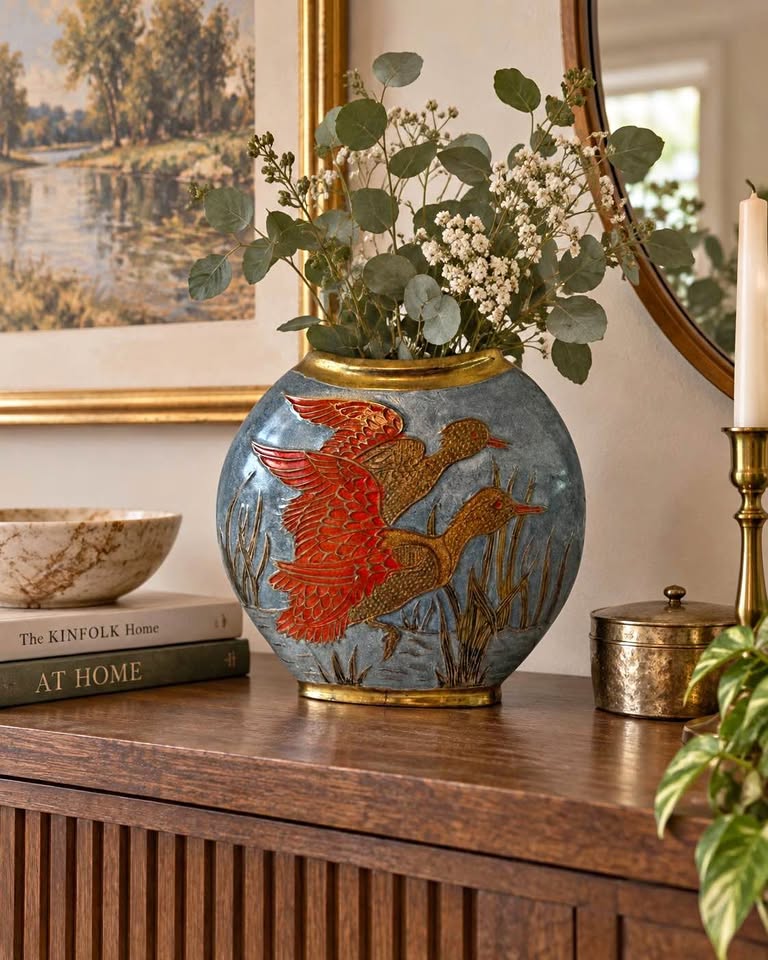 Vintage 1970s Brass and Enamel Mallard Duck Vase