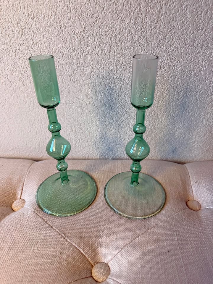 Vintage 1970s Green Glass Bubble Stem Candlestick Holders – Pair