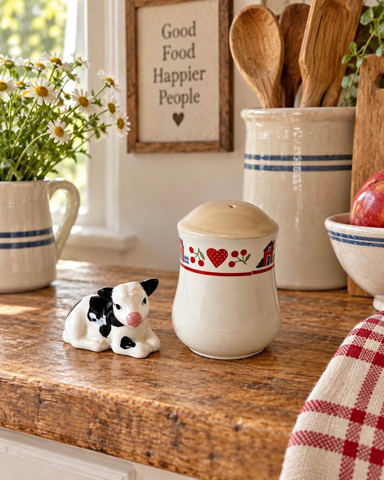Vintage 1980s Country Heartland Ceramic Salt Shaker and Cow Pepper Shaker
