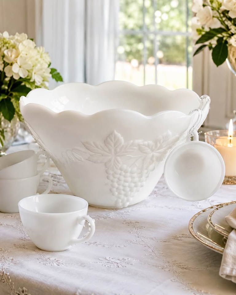 Vintage Colony Harvest Milk Glass Punch Bowl Set | Grape Pattern Cups & Hooks | 1960’s