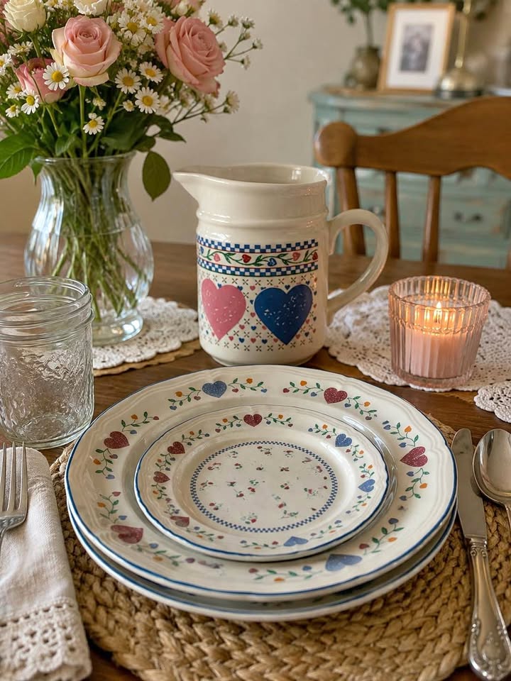 Vintage 1989 Country Hearts Ceramic Pitcher, Dinner Plate Set of 7 and Salad Plates Set of 7