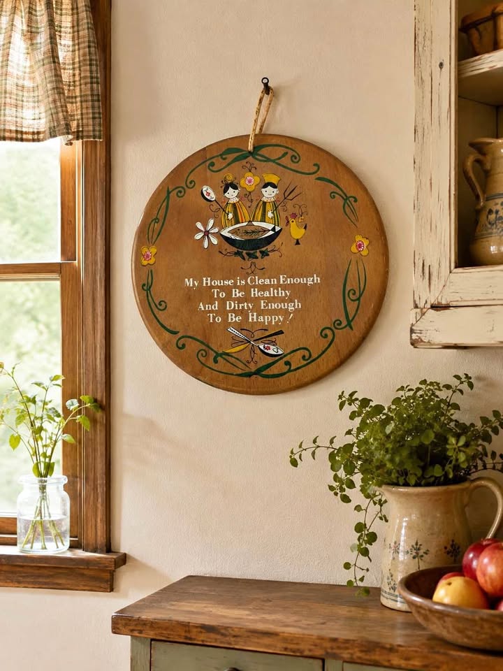 Vintage 1960s Folk Art Wooden Kitchen Wall Plaque – “Clean Enough to Be Healthy”