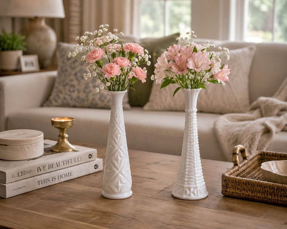 Vintage 1960s Milk Glass Bud Vases - Set of 2
