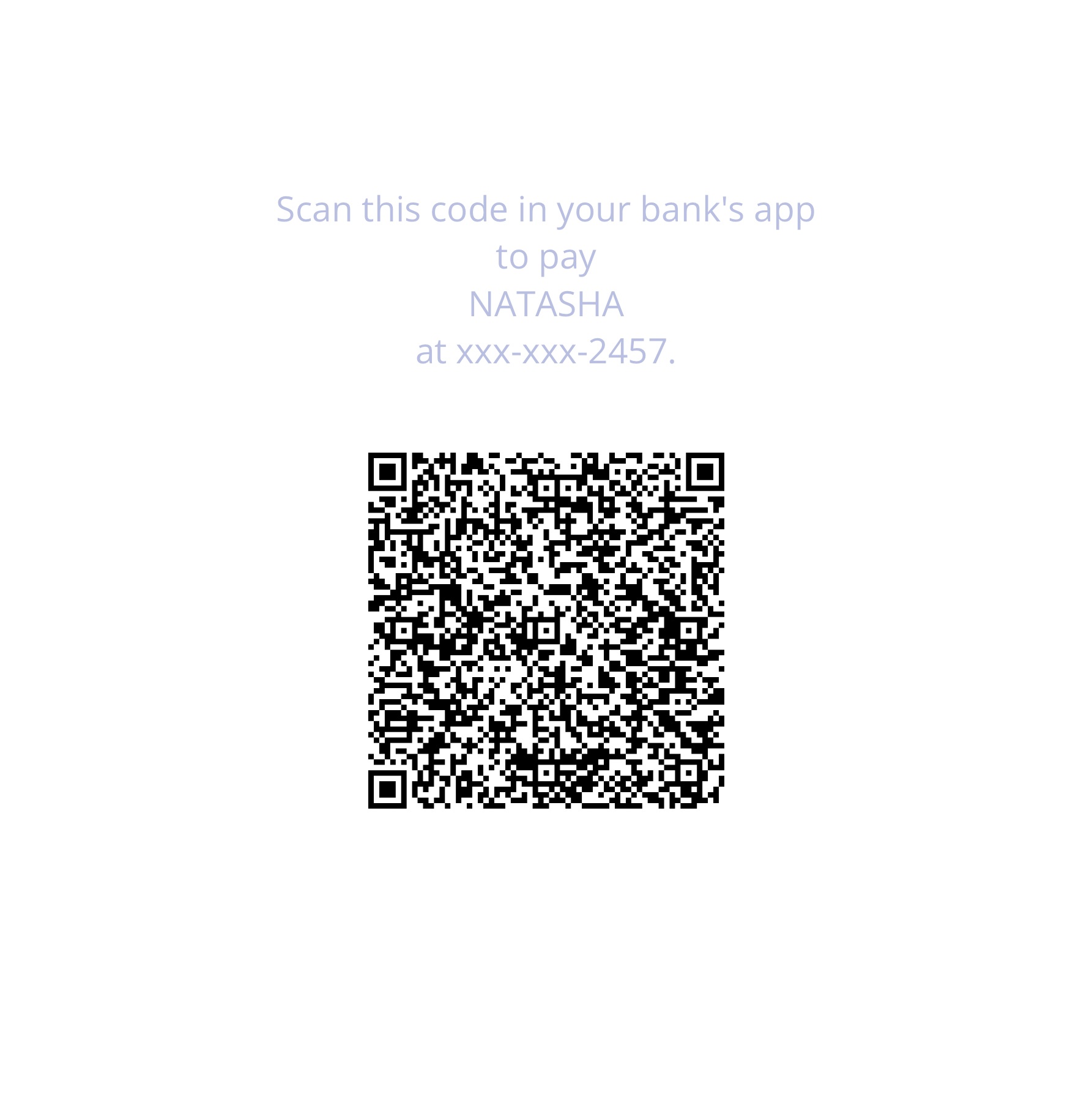 Natasha’s Zelle payment QR code, recipient NATASHA, number ending 2457